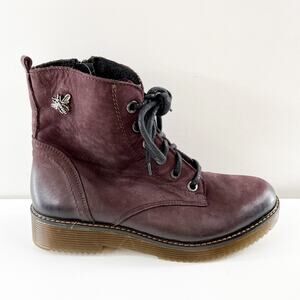 Fly London Leather Lace Up Ankle Moto Combat Boots Purple Maroon US 8